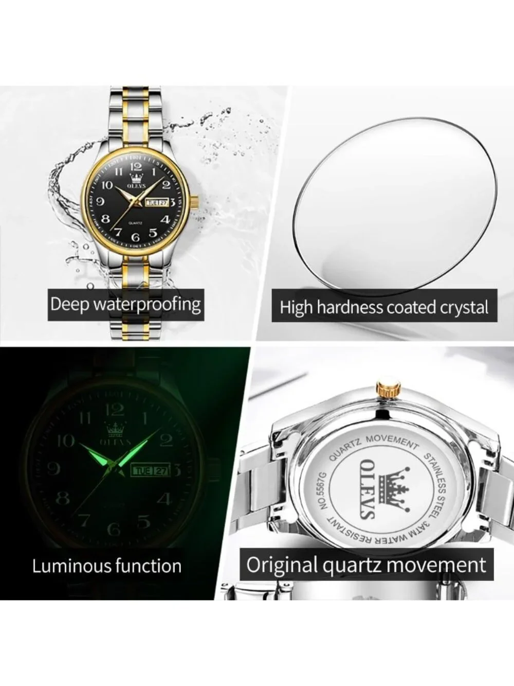Women’s Black Silver Gold Stainless Steel Elegant 3ATM Waterproof Quartz Watch